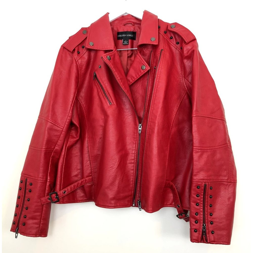 Colleen Lopez Red Faux Leather Moto Jacket